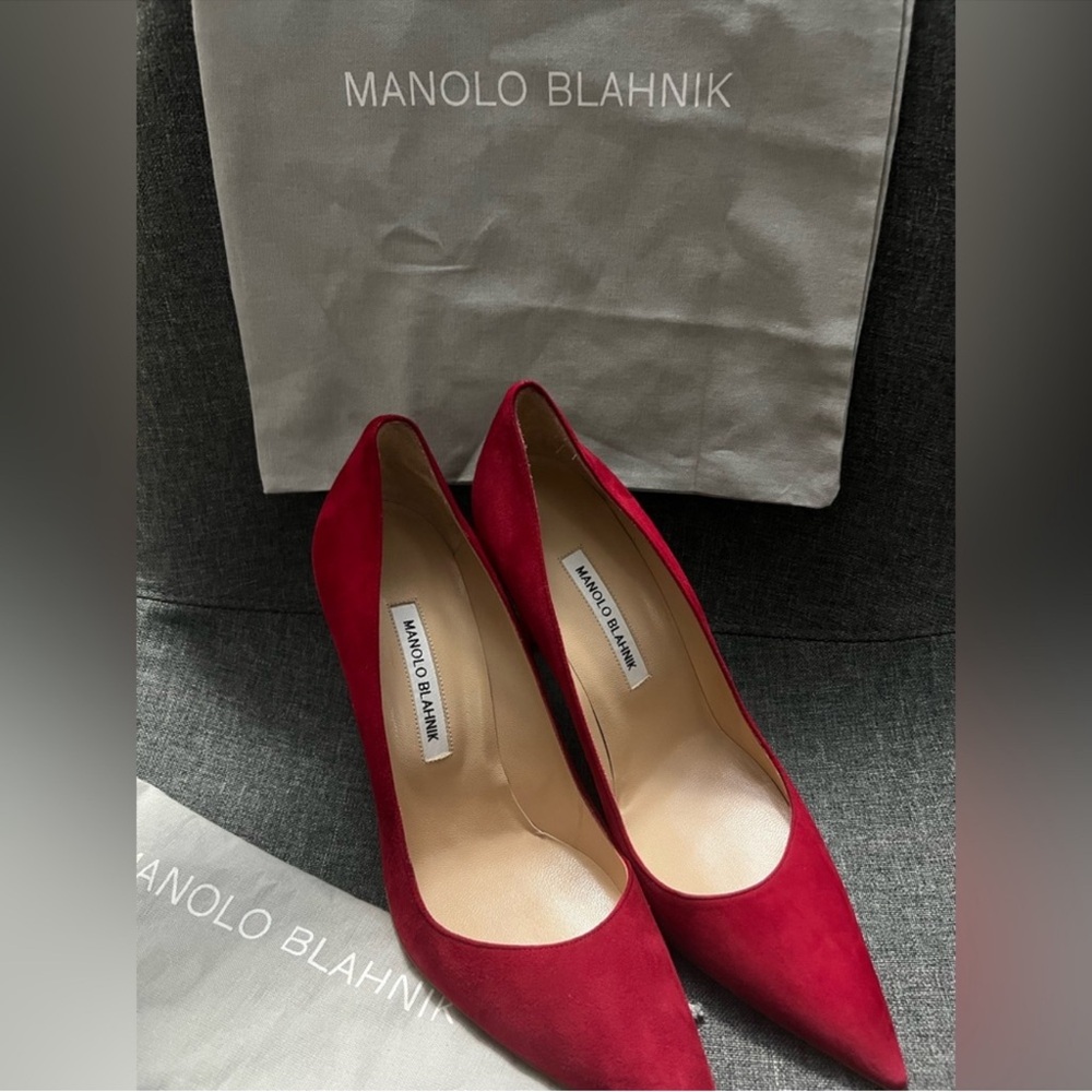 Manolo Blahnik BB Red Suede Pointed-Toe Stiletto Pumps - Picture 3 of 7